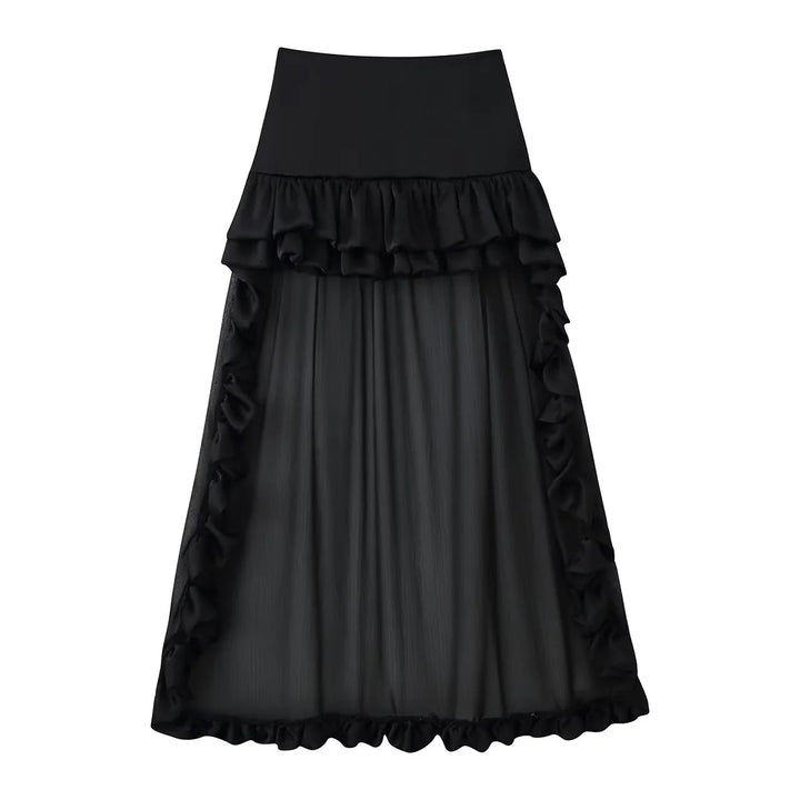 Women's maxi skirt with high waist, multi-layered ruffles and transparent tulle overlay Mune Fashion