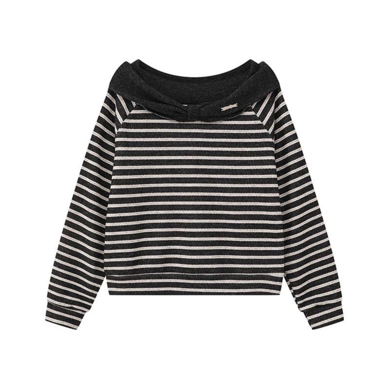Women's Knitted Short Sweater with Off-Shoulder Cut, Bow Detail and Horizontal Striped Pattern Mune Fashion