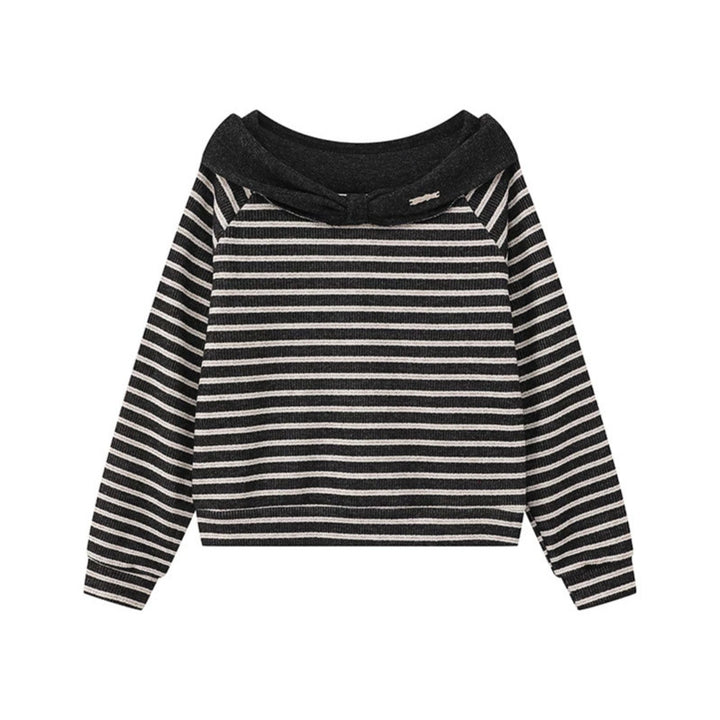 Women's Knitted Short Sweater with Off-Shoulder Cut, Bow Detail and Horizontal Striped Pattern Mune Fashion