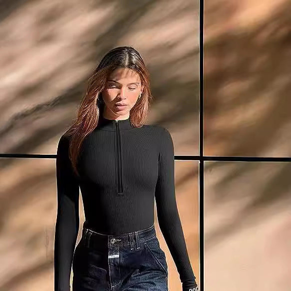 Women Slim-Fitting Ribbed Long Sleeve with Half Zip and Stand-Up Collar Mune Fashion