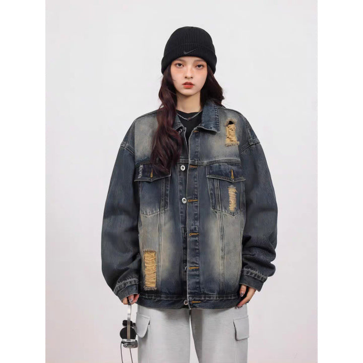 Unisex Vintage-Style Denim-Worker-Jacket with Repair-Details and Straight Cut Mune Fashion