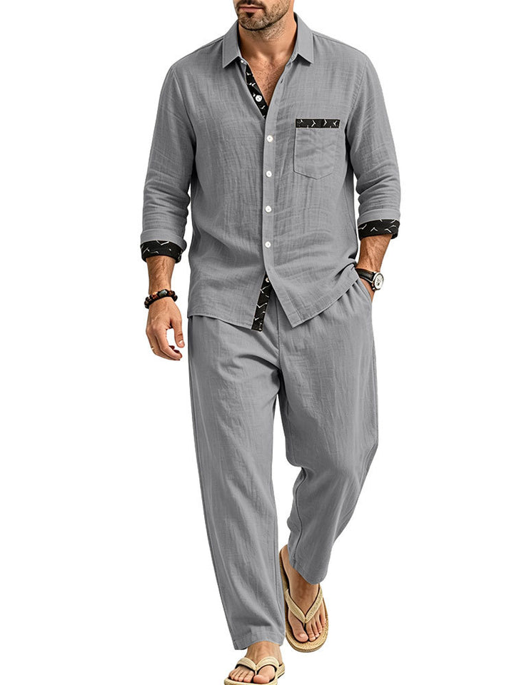 Men's Lightweight Linen Look Casual Set with Shirt and Relax Pants Mune Fashion