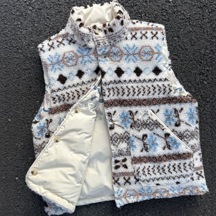 Women's Patterned Teddy Fleece Vest with Stand-Up Collar and Quilted Inner Lining Mune Fashion