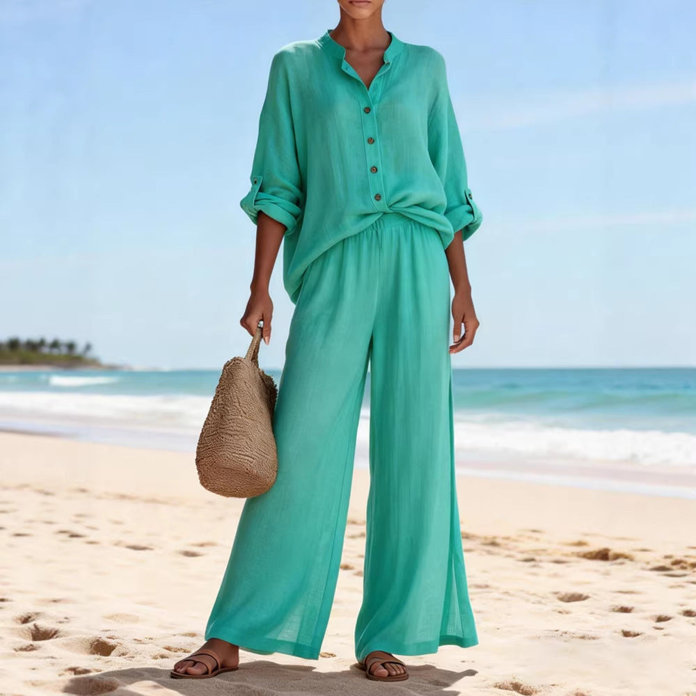 Women's Airy Linen Blouse and Wide Pants Mune Fashion