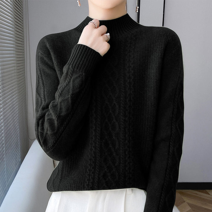 Women's Soft Cable Knit Mock Neck Sweater with Light Mohair Effect Mune Fashion