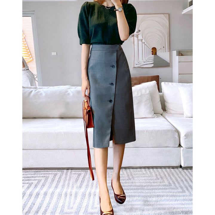 Women's Elegant Midi Skirt with Button Detail and Waist Belt Mune Fashion