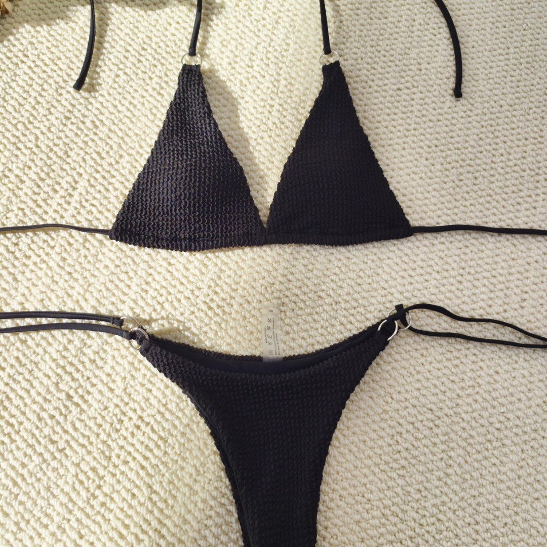 Women's triangle bikini with textured fabric and elegant ring embellishments Mune Fashion
