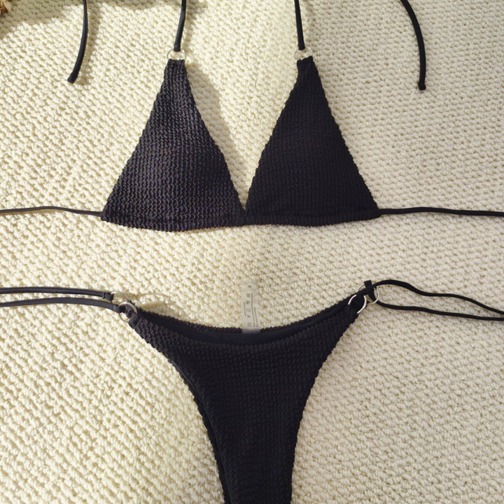 Women's triangle bikini with textured fabric and elegant ring embellishments Mune Fashion