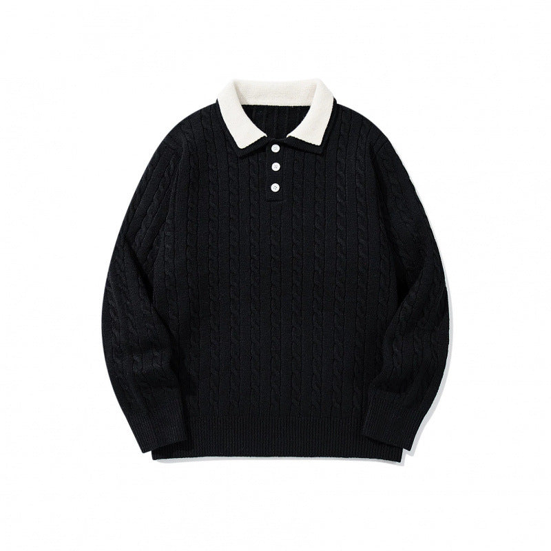 Men's Chunky Knitted Polo Collar Sweater with Cable Pattern and Button Placket Mune Fashion