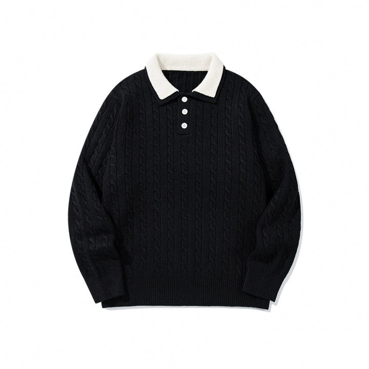 Men's Chunky Knitted Polo Collar Sweater with Cable Pattern and Button Placket Mune Fashion