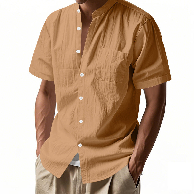 Men's nan legeres short-sleeve linen blend shirt with stand-up collar, chest pocket, and continuous button placket Mune Fashion