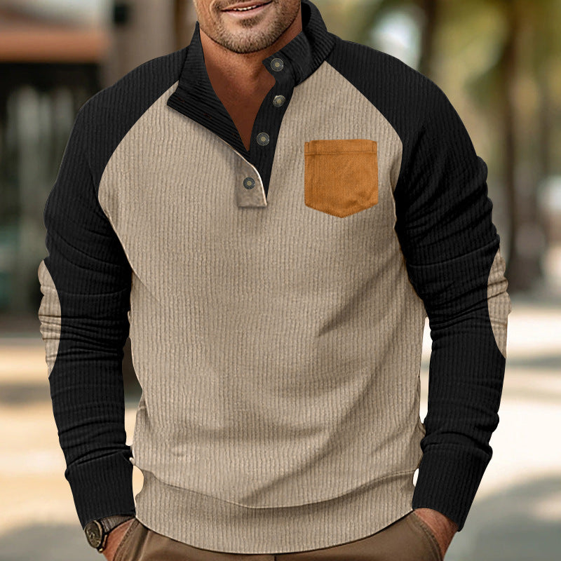 Men's Ribbed Henley Sweater with Raglan Sleeves, Elbow Patches & Chest Pocket Mune Fashion