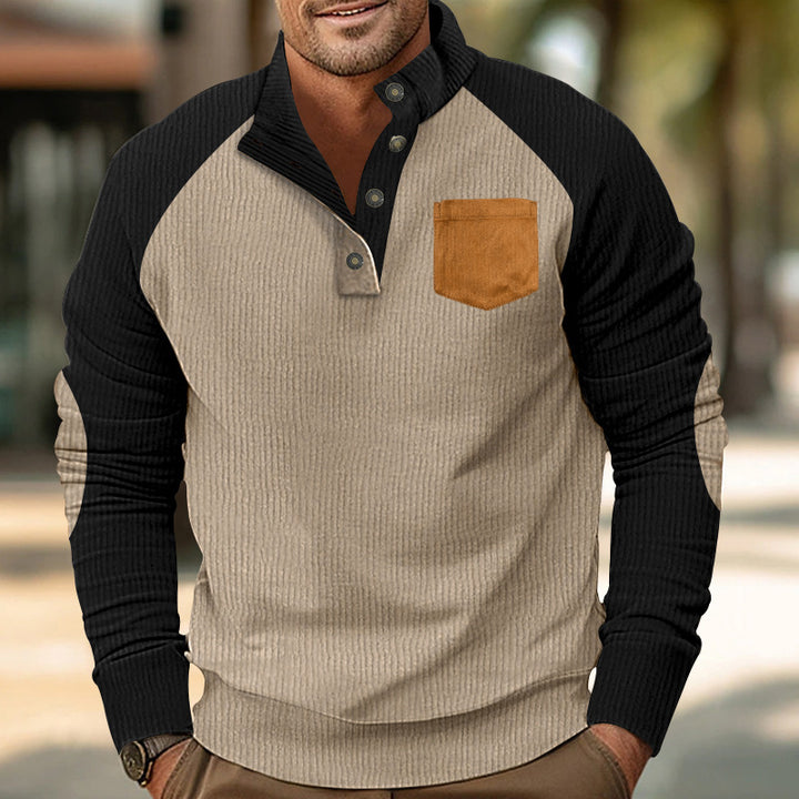 Men's Ribbed Henley Sweater with Raglan Sleeves, Elbow Patches & Chest Pocket Mune Fashion