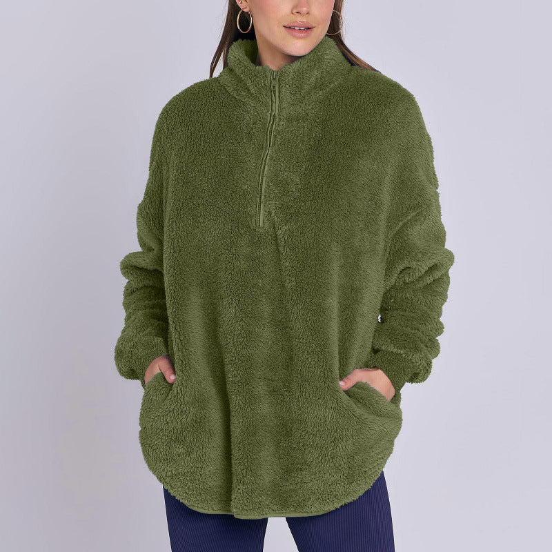 Women Fluffy Oversized Sherpa Pullover with Half Zip and Kangaroo Pockets Mune Fashion