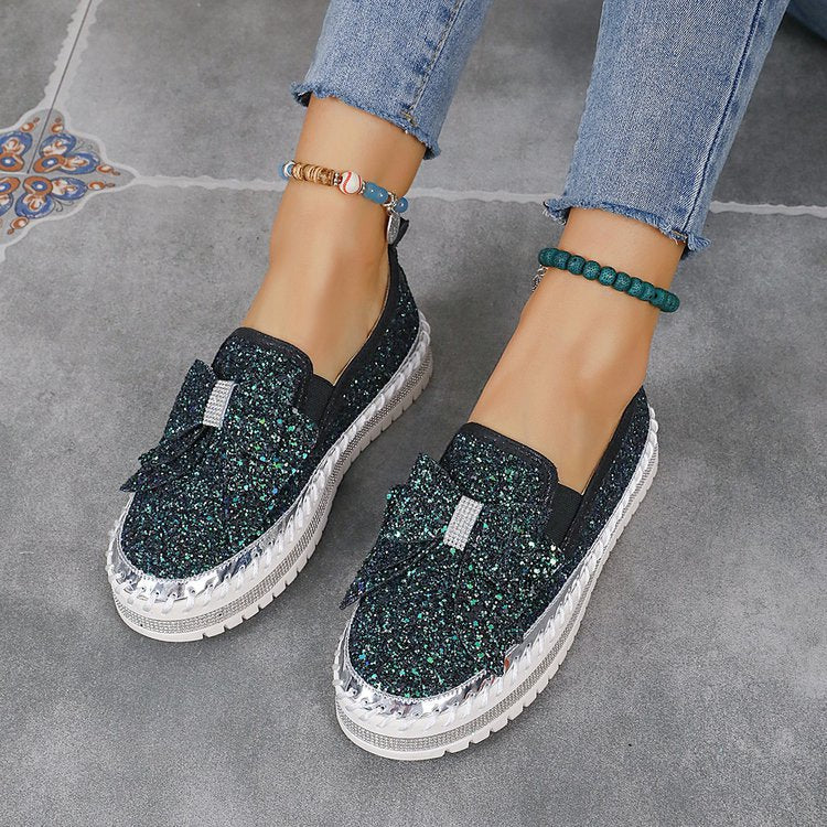 Women Glitter Platform Slippers with Bow Application and Profiled Comfort Sole Mune Fashion