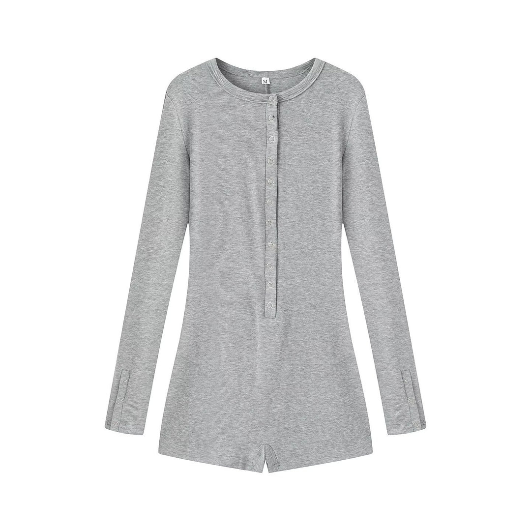 Women's Lightweight Rib Knit Jumpsuit with Henley Button Placket and Snap Button Stepping Mune Fashion