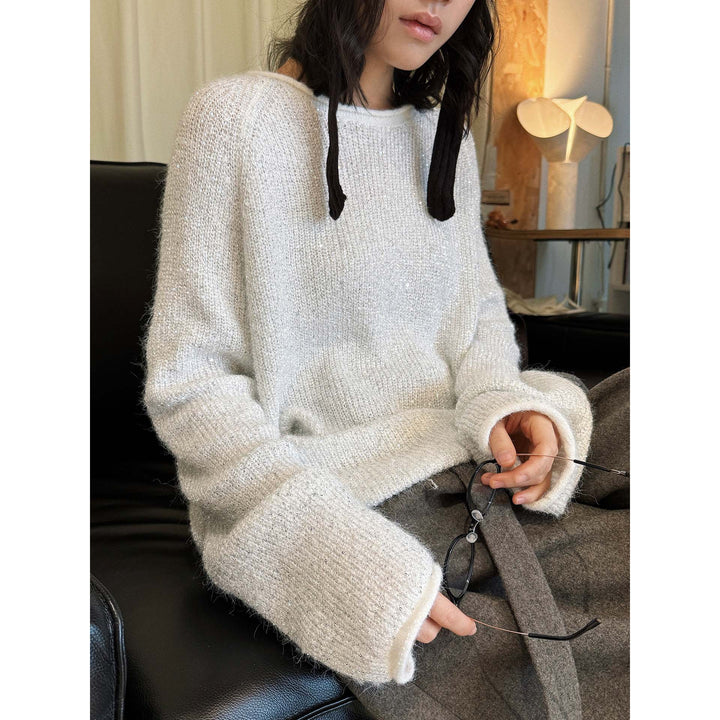 Women's Boucle-Mohair Sweater with Round Neck and Subtle Glitter Effect Mune Fashion