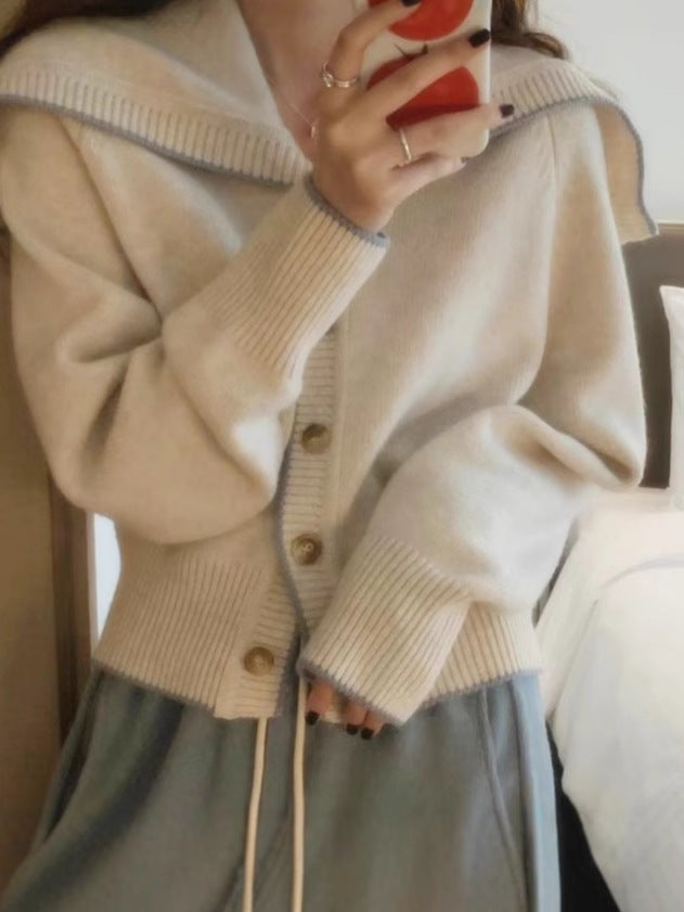 Women’s knit cardigan with oversized sailor collar and contrast edge Mune Fashion