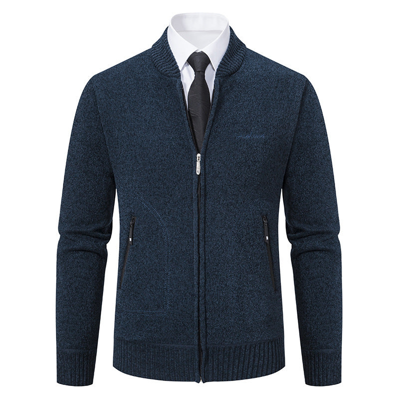 Men's lightweight business knit cardigan with concealed front zipper, zippered pockets, and ribbed hem Mune Fashion