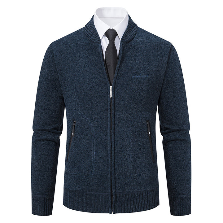 Men's lightweight business knit cardigan with concealed front zipper, zippered pockets, and ribbed hem Mune Fashion
