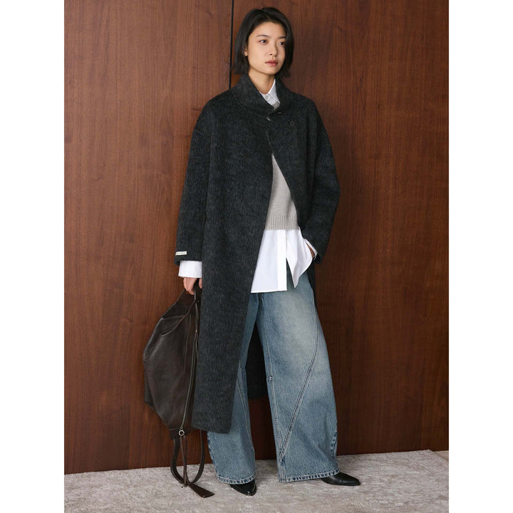 Women Oversized Wool Blend Coat with Asymmetrical Stand-Up Collar Mune Fashion