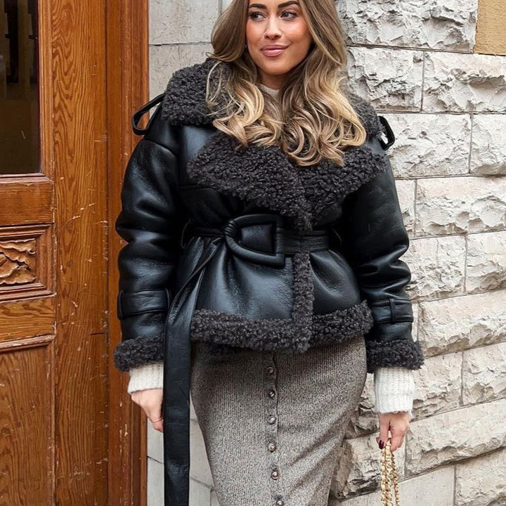 Women Short Flight Jacket Made of Faux Leather with Teddy Fur Collar and Waist Belt Mune Fashion