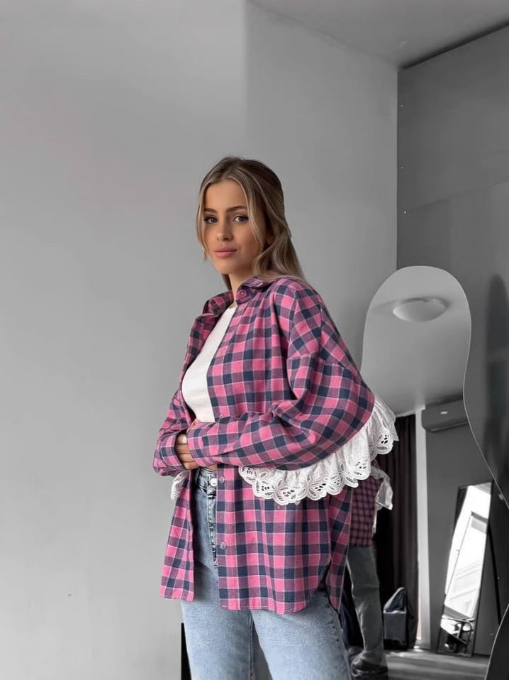 Women's Oversized Checked Flannel Shirt Jacket with Loose Fit Mune Fashion