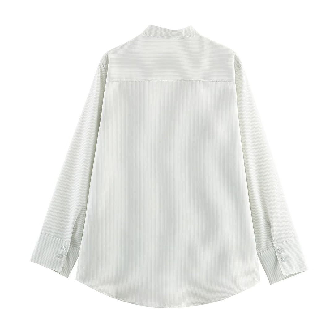 Women Oversize Shirt Blouse with Stand Collar, Chest Pocket and Curved Hem Mune Fashion