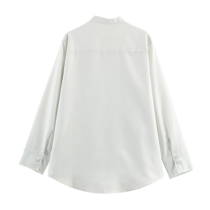 Women Oversize Shirt Blouse with Stand Collar, Chest Pocket and Curved Hem Mune Fashion