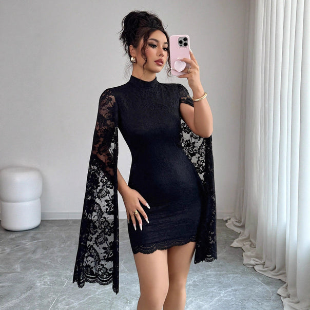 Women's fitted lace mini dress with high stand-up collar and dramatic cape sleeves Mune Fashion