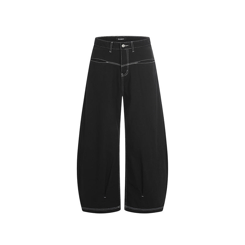 Women Wide Cropped Balloon Jeans with High Waist and Visible Contrast Stitching Mune Fashion