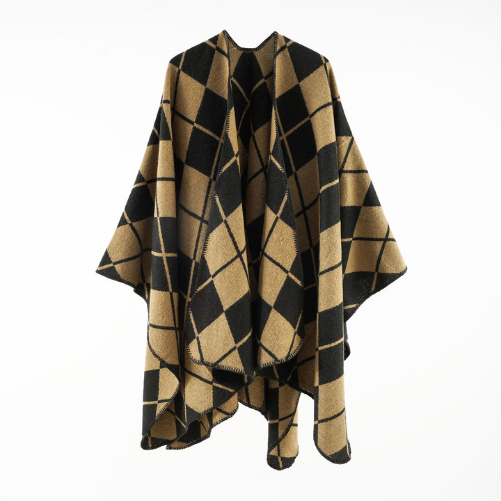 Women's Oversized Cape in Plaid Blanket Style made of Wool Blend with Open Fall Mune Fashion