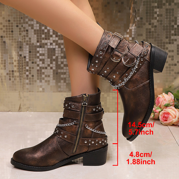 Women’s Studded Ankle Boots with Chain and Buckle Details Mune Fashion