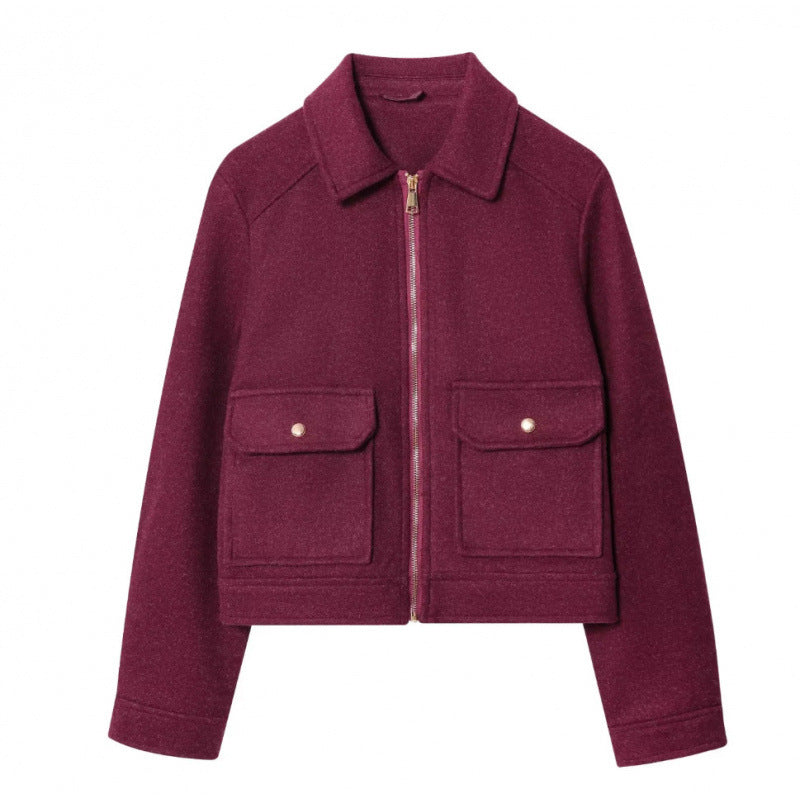 Women's short jacket in velour look with flap patch pockets and full-length zipper Mune Fashion