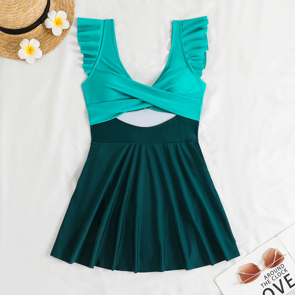 Women's swimsuit with floral ruffle design and skater-like skirt Mune Fashion