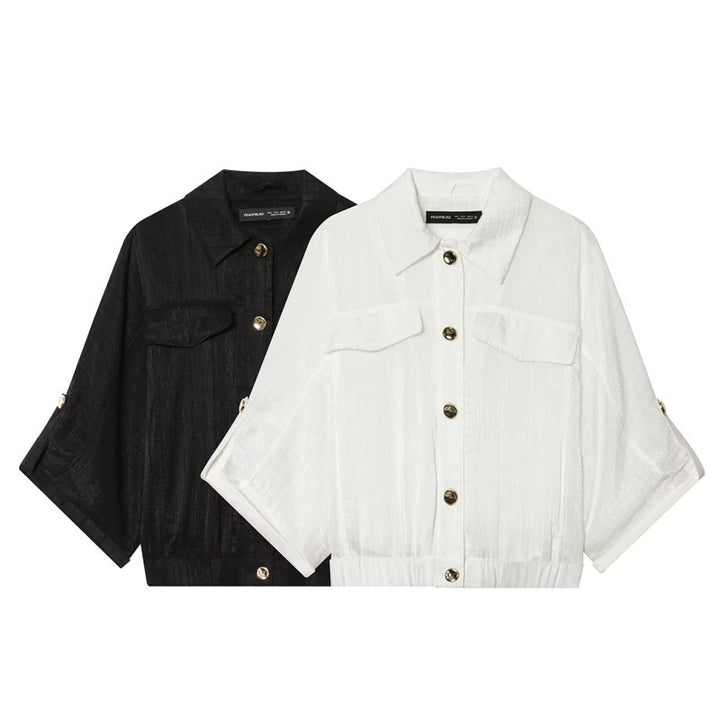 Women's boxy overshirt jacket waist short with 3/4 sleeves and gold buttons Mune Fashion