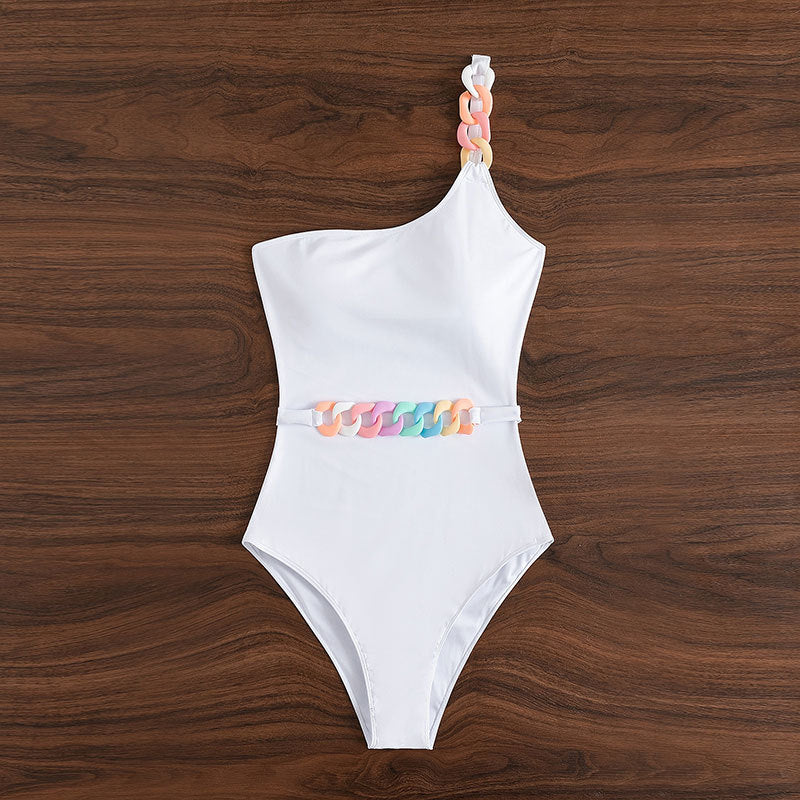 Women One-Sided Swimsuit with Decorative Chain Belt Mune Fashion
