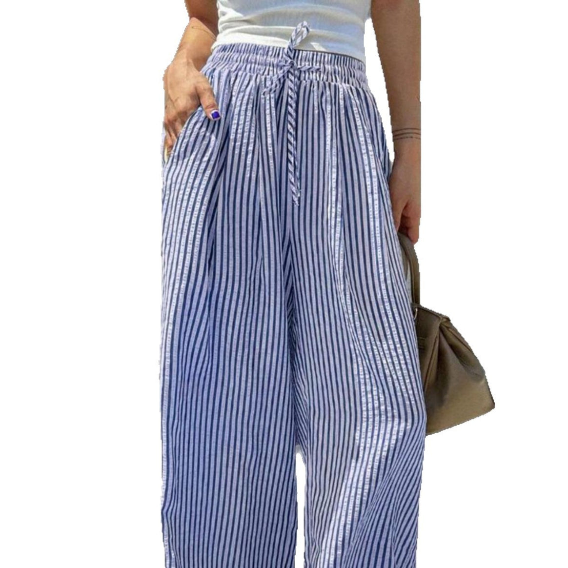 Women's Marlene striped pants made of linen blend with wide leg, elastic waistband and drawstring Mune Fashion