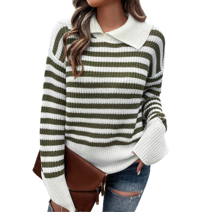 Ladies knitted striped polo collar sweater with wide hem and flared cuffs Mune Fashion