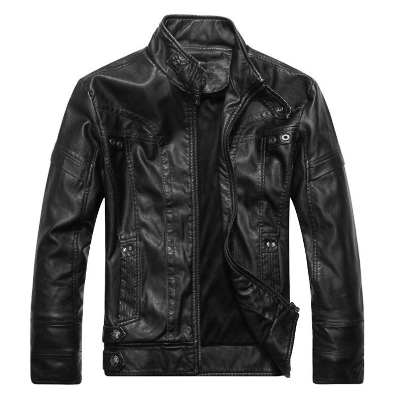 Men's leather jacket in pilot bomber style with stand-up collar, decorative seams, and multiple pockets Mune Fashion