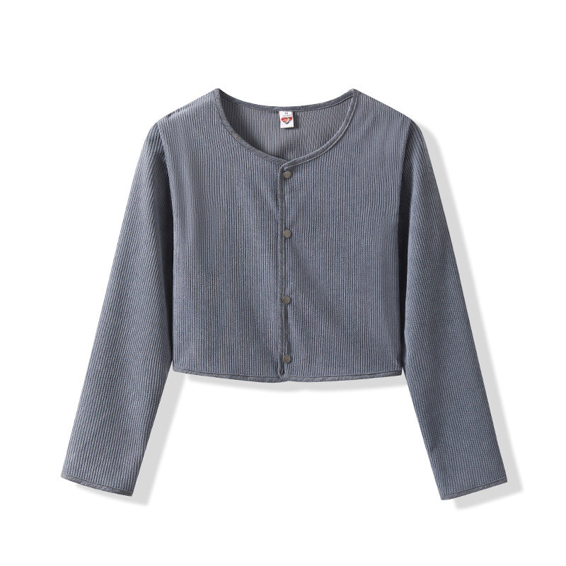 Women Cropped Round Neck Cardigan with Press Buttons made of Ribbed Knit Mune Fashion