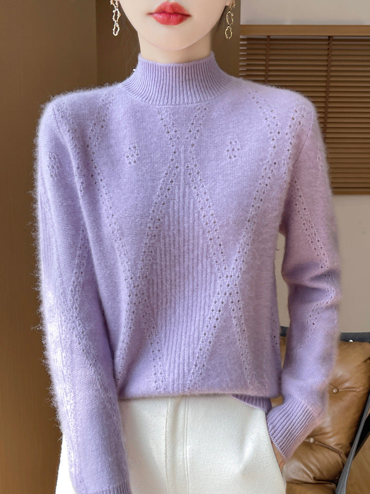 Women's Light Mockneck Fine Knit Sweater with Openwork Chevron and Cashmere Soft Finish Mune Fashion