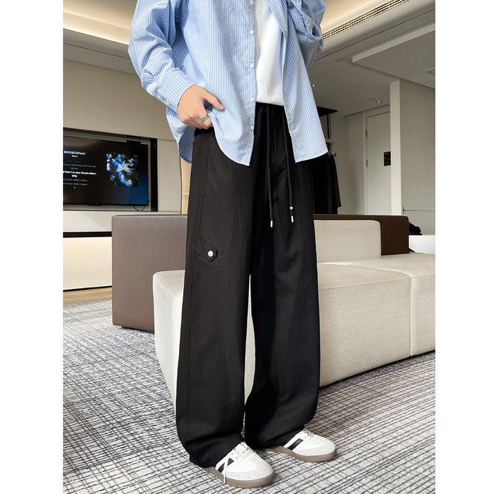 Men's Loose-Fitting Cargo Casual Pants with Elastic Waistband, Drawstring, and Side Flap Pocket Mune Fashion