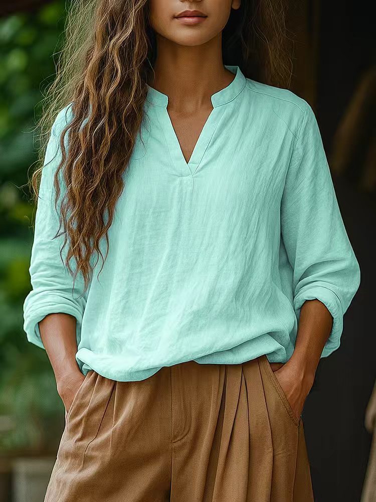 Women's Casual Tunic Blouse in Linen Look with Small Stand Collar and V-Slit