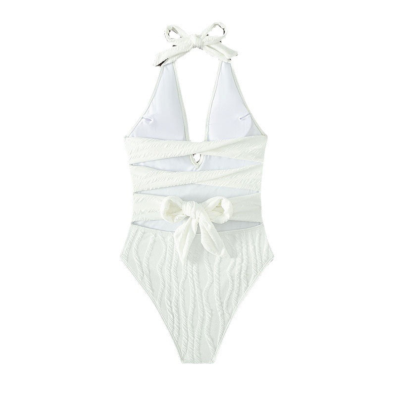 Women's One-Piece Swimsuit with Intense V-Neckline and Textured Surface Mune Fashion