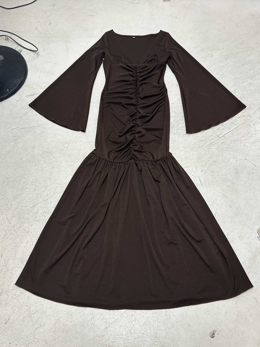 Women’s gathered maxi dress with V-neck, trumpet sleeves, and tiered ruffle Mune Fashion