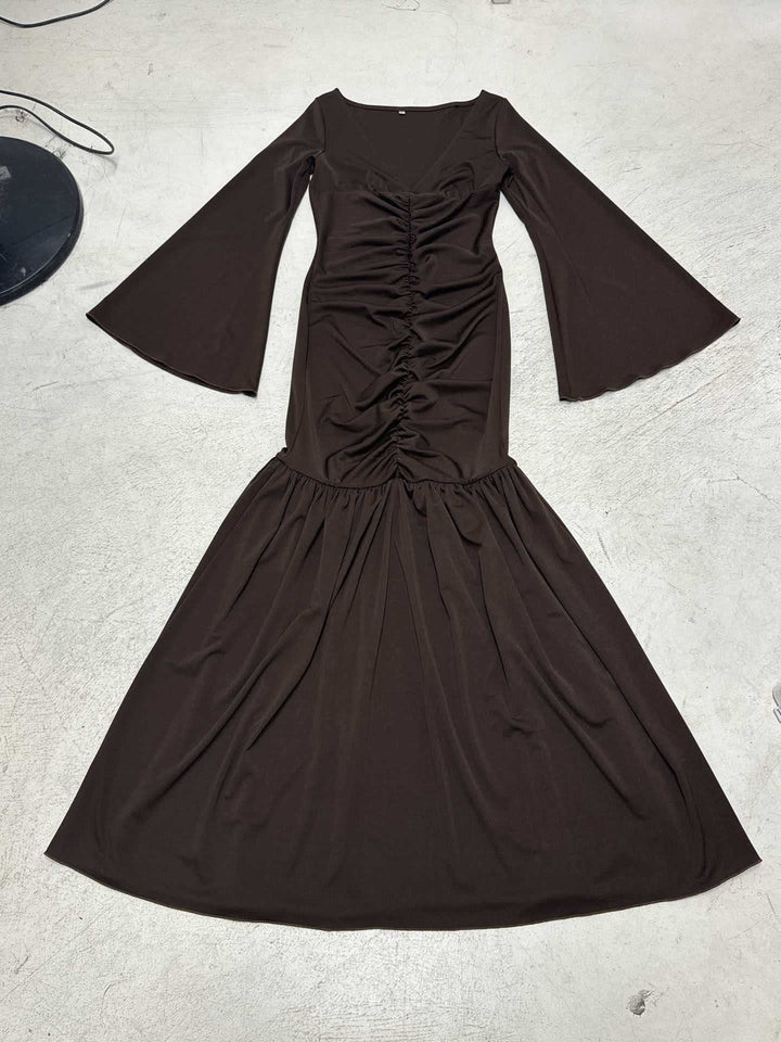 Women’s gathered maxi dress with V-neck, trumpet sleeves, and tiered ruffle Mune Fashion