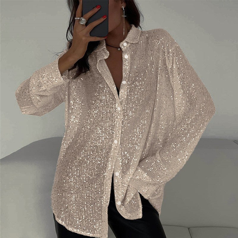Women's Glittering Oversized Shirt Blouse Mune