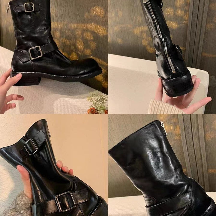 Ladies Calf-high Biker Boots made of Smooth Leather with Double Strap and Back Zipper Mune Fashion