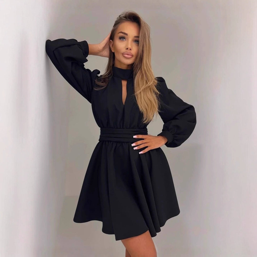 Women Elegant Short Dress with Stand Collar, Cut-Out, Wide Bell Skirt and Waist Sash Mune Fashion